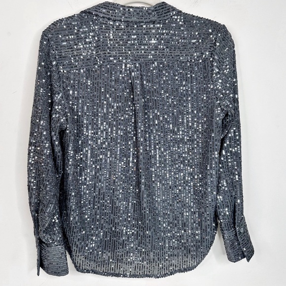 Anthropologie Sequin Button-down Shirt Slate Gray Top Medium Petite - Picture 8 of 15